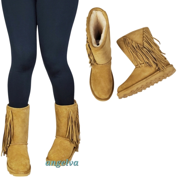 New Bearpaw Cherilyn suede fringe winter boots iced coffee wool blend fur pull - Picture 2 of 16